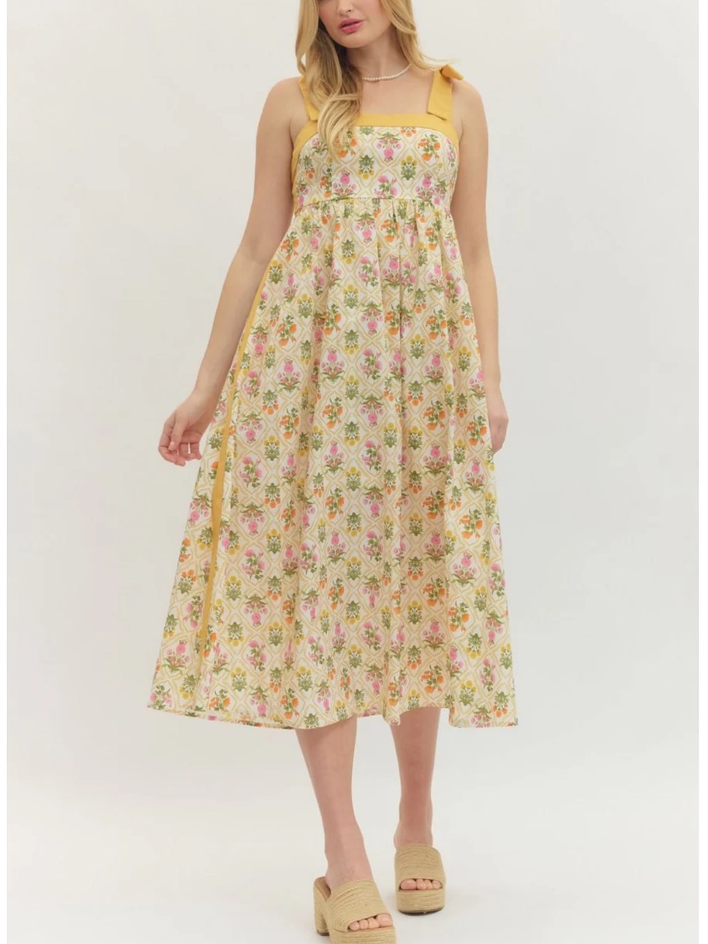 New Boho Cottagecore Mustard Yellow Floral Bow Tie-Shoulder Maxi Dress
